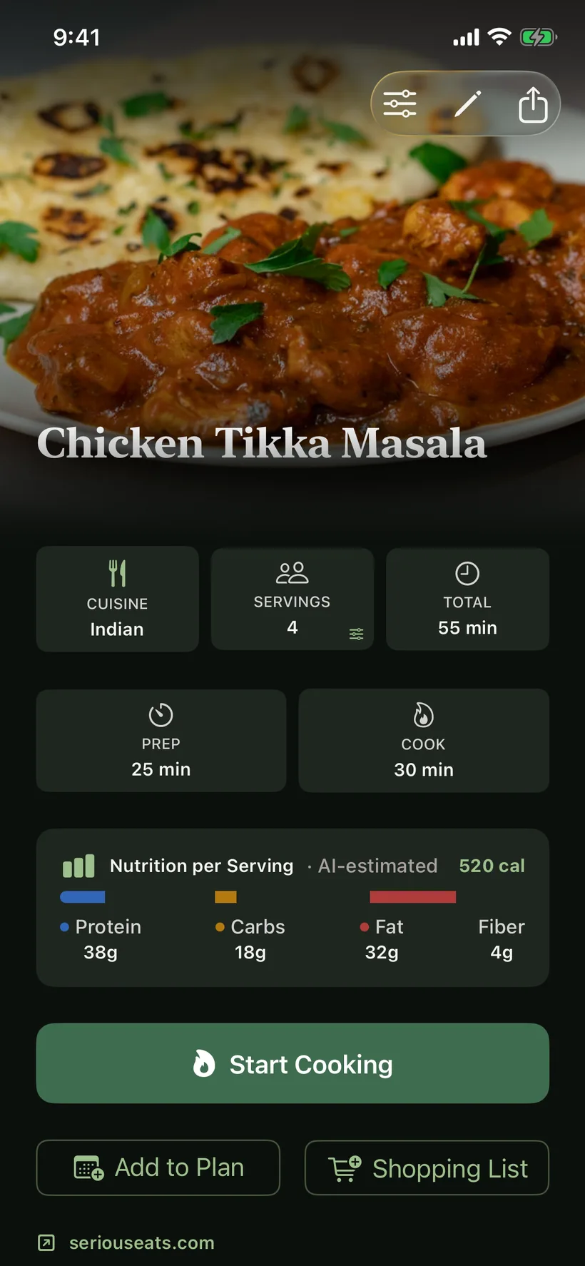 A structured chicken tikka masala recipe in SeeMeCook